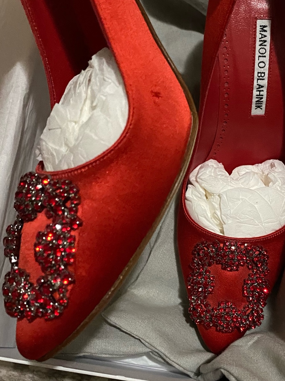 Manolo Blahnik Red Satin Crystal-Buckled Pointed Pumps - Picture 6 of 7